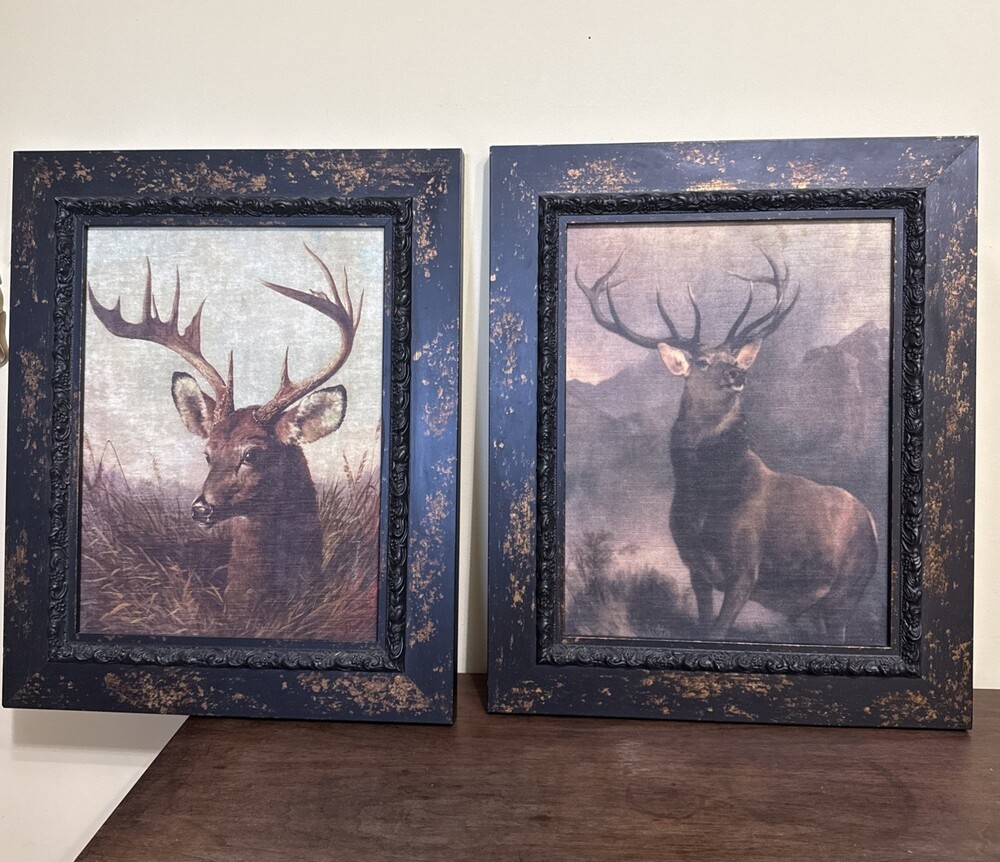 Vintage Framed Deer Prints Pair Set Monarch of the Glen Rustic Lodge Cabin Art